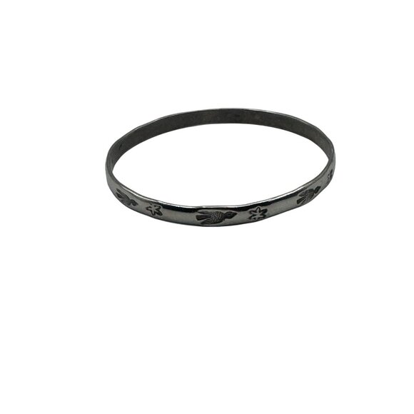 Handmade Sterling Silver Bangle Bracelet With Bird & Floral Engravings - Picture 1 of 7